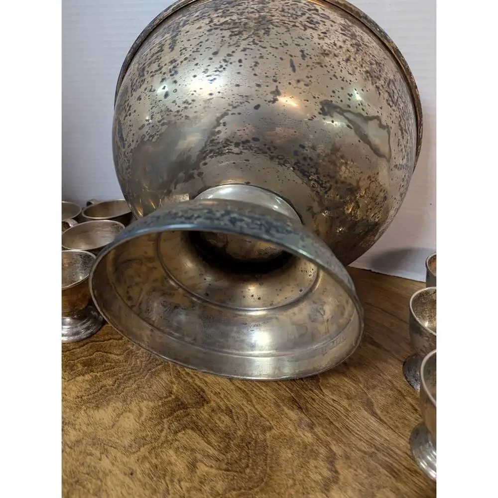 Vintage 14 Pc. UNPOLISHED patina nickel silver EP Large punch bowl cup ladle set